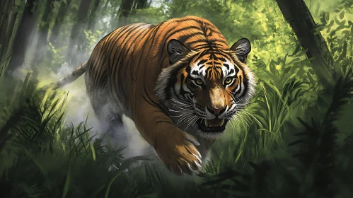 Roaring Tiger in Green Forest
