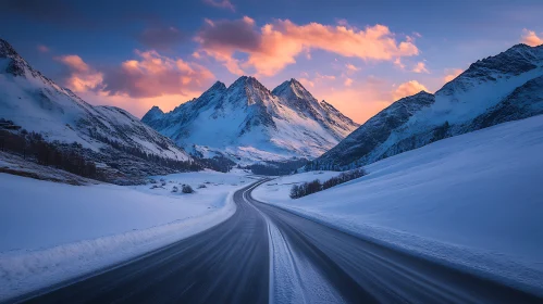 Snowy Mountain Road at Sunset