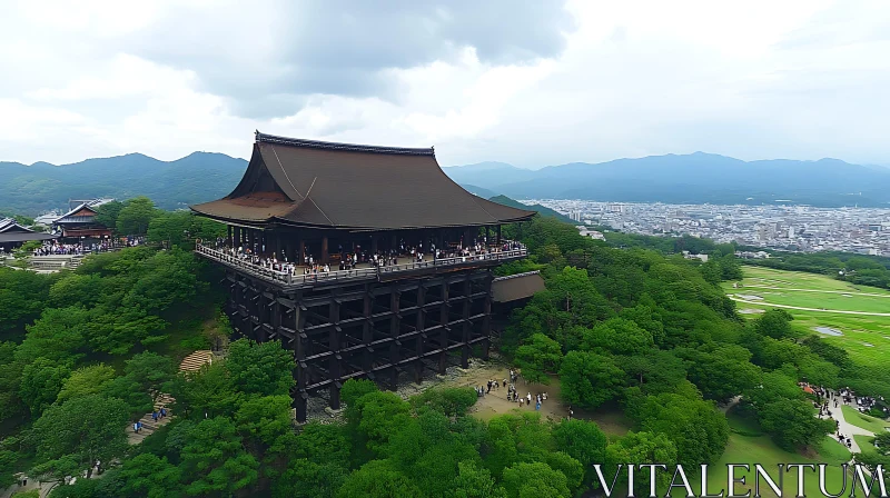 AI ART Serene Aerial View of a Temple Amidst Nature and Urban Landscape