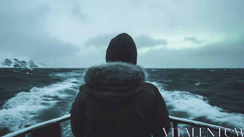 Hooded Figure on a Boat in Winter AI Image