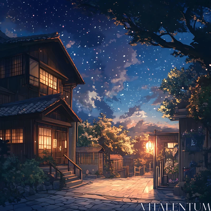 Peaceful Night Scene in a Traditional Japanese Village AI Image