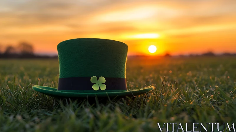 Green Hat with Clover at Sunset AI Image