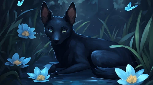 Black Dog with Butterflies and Flowers