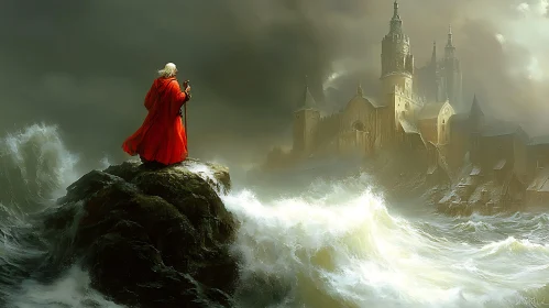 Figure in Red Robe by the Sea