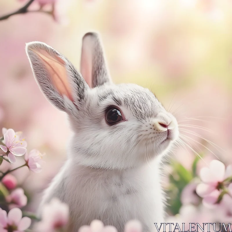 Serene Rabbit Portrait with Pink Flowers AI Image