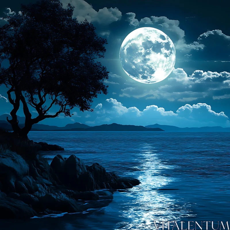 Serene Moonlight Over Calm Waters AI Image