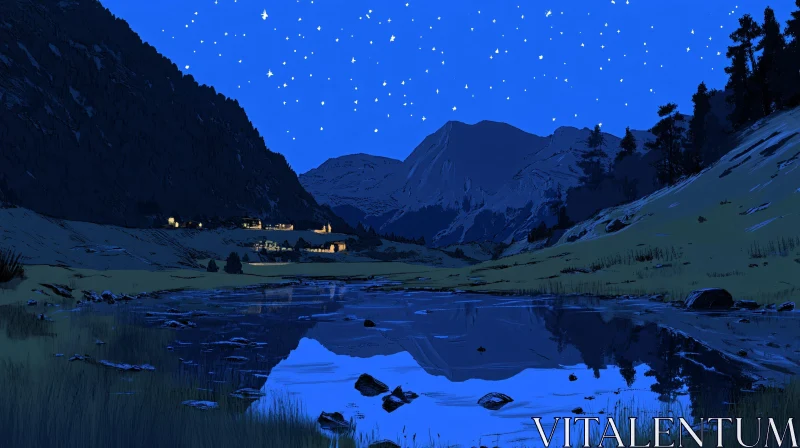 AI ART Starry Night Over Mountain Lake Village