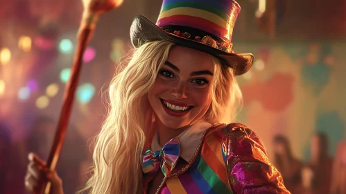 Smiling Woman in Rainbow Outfit