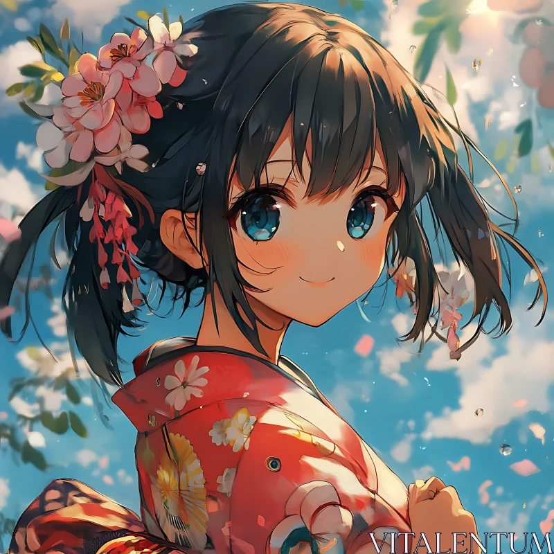 Anime Girl with Blossoms in Hair and Red Kimono AI Image