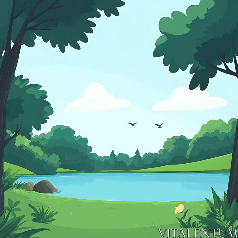 AI ART Tranquil Lake Scene with Birds and Trees