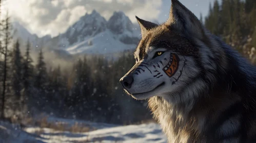 Snowy Wolf Portrait with Tribal Markings