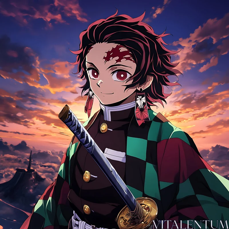 Anime Samurai Character with Dynamic Sunset Background AI Image