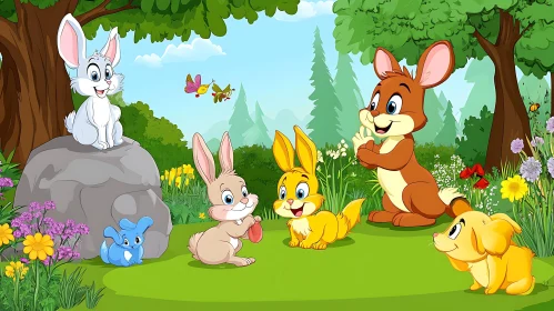 Cartoon Bunnies and Puppy Illustration