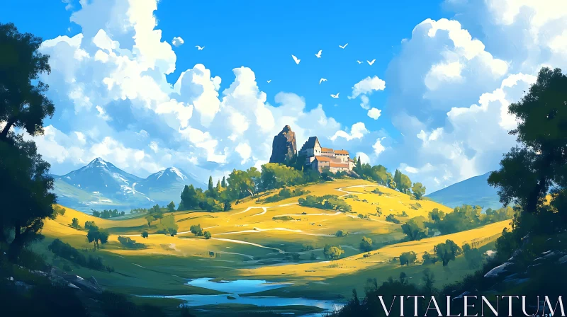 Hilltop Castle Landscape Art AI Image