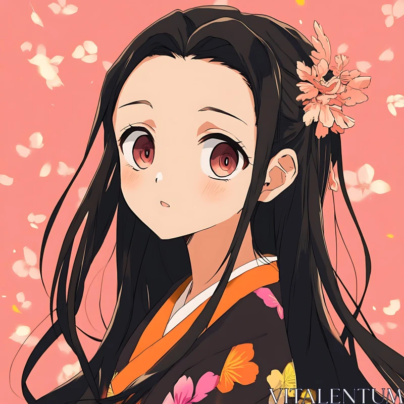 Traditional Anime Girl with Cherry Blossoms AI Image