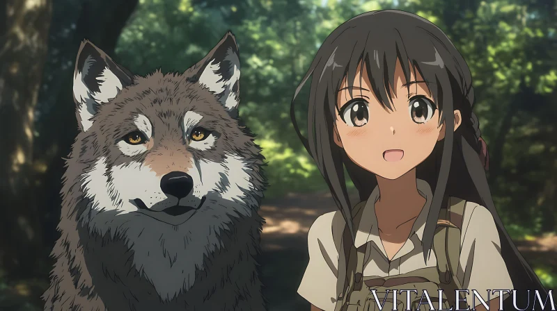 Wolf and Girl Anime Illustration AI Image