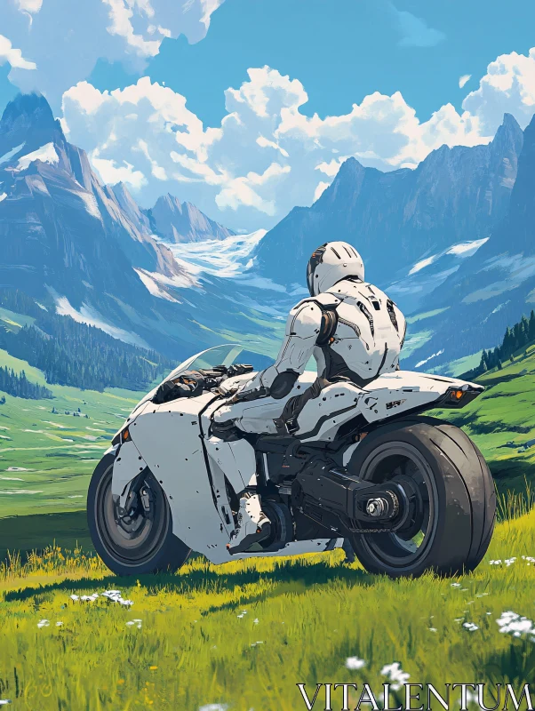 AI ART Futuristic Cyborg Overlooking a Mountain Meadow