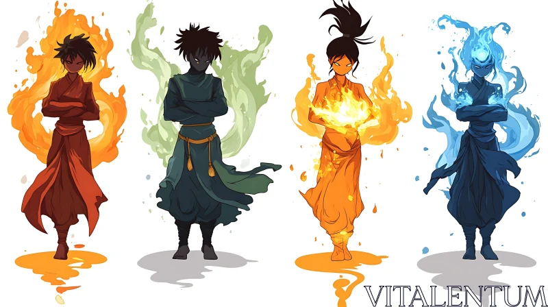 Four Elements Anime Characters AI Image