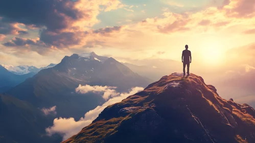 Silhouette on Mountain Top at Sunset