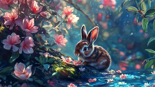 Whimsical Rabbit and Pink Flowers