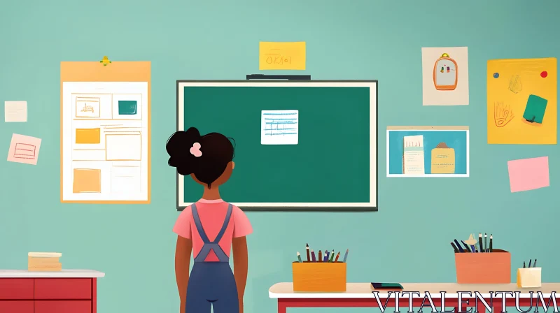 Girl in Classroom with Green Chalkboard AI Image