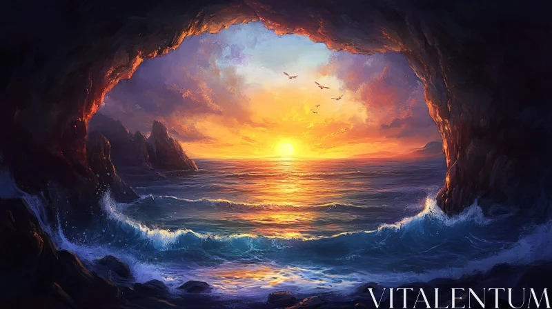 Sunset View from a Seaside Cave AI Image