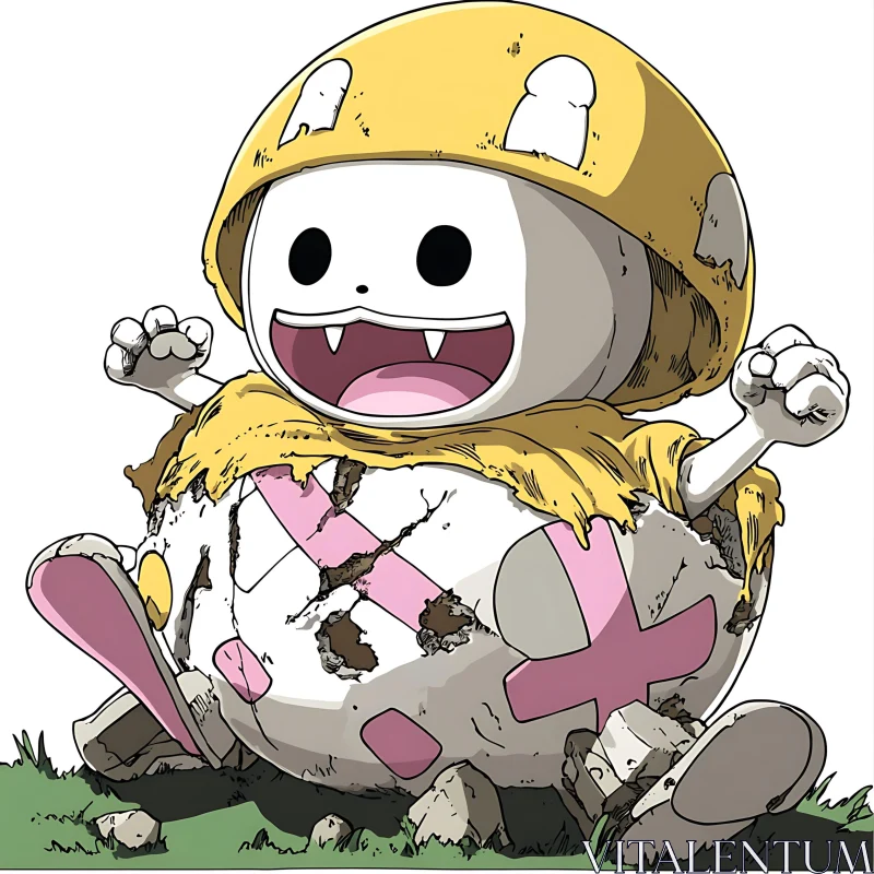 Happy Anime Mushroom Figure Seated on Grass AI Image