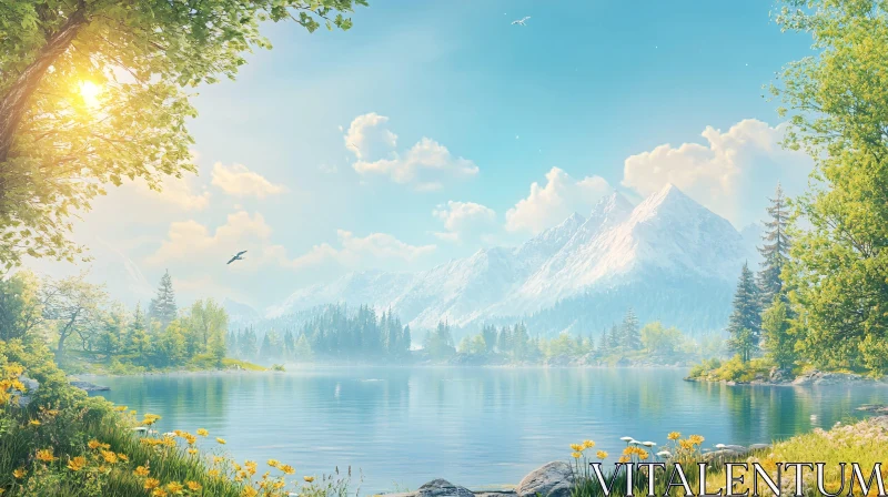 AI ART Idyllic Nature Scene with Lake and Mountains