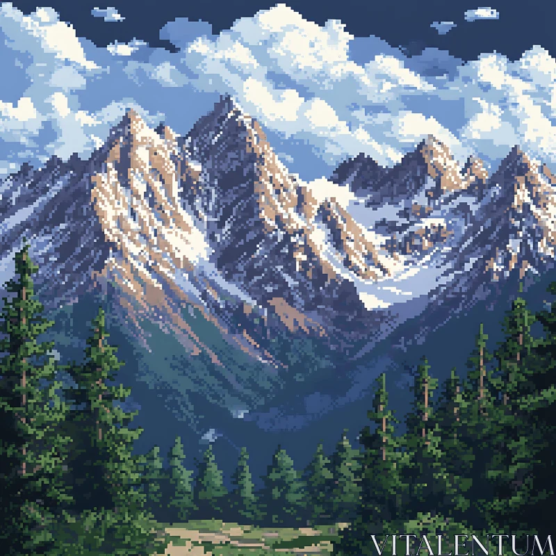 Snowy Peaks Pixel Art Landscape AI Image