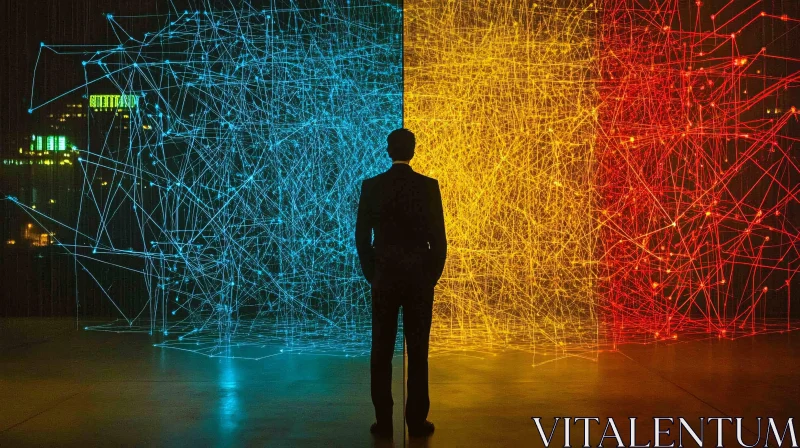 AI ART Man in Suit Facing Abstract Light Installation