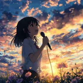 Young Anime Woman Singing in Flower Field During Sunset