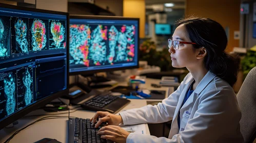 Focused Doctor Reviews Medical Imaging Scans