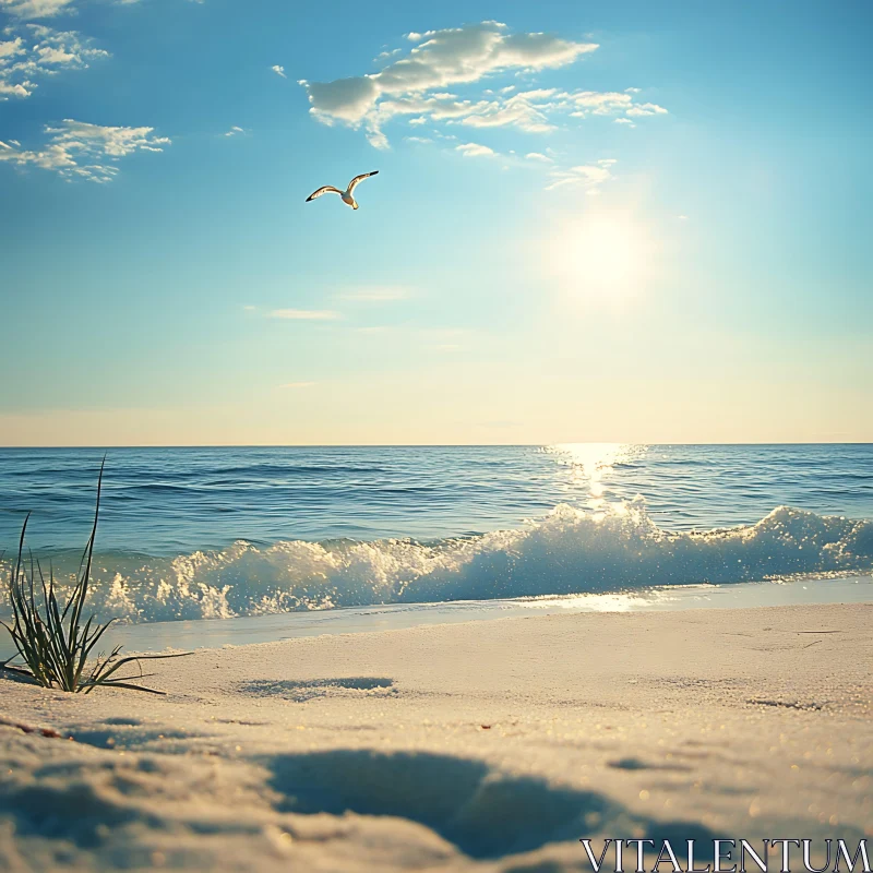 AI ART Coastal Serenity: Seagull's Flight at Sunset