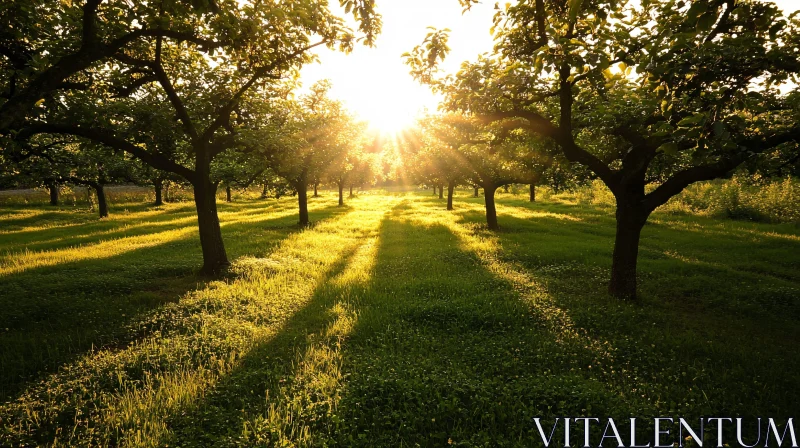 AI ART Sunlit Orchard with Trees and Shadows