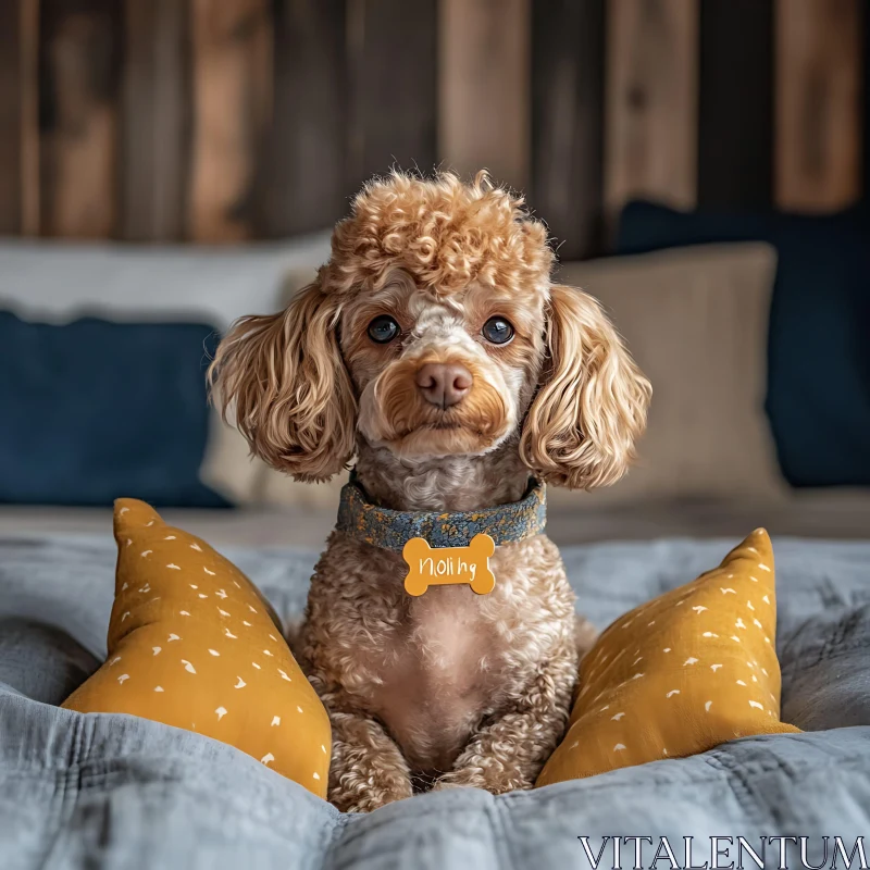 AI ART Cute Poodle Relaxing Indoors Between Yellow Pillows