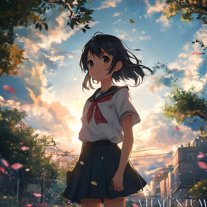 Sunset Stroll by an Anime Schoolgirl AI Image