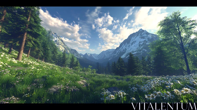 Snowy Peaks and Green Meadow Landscape AI Image