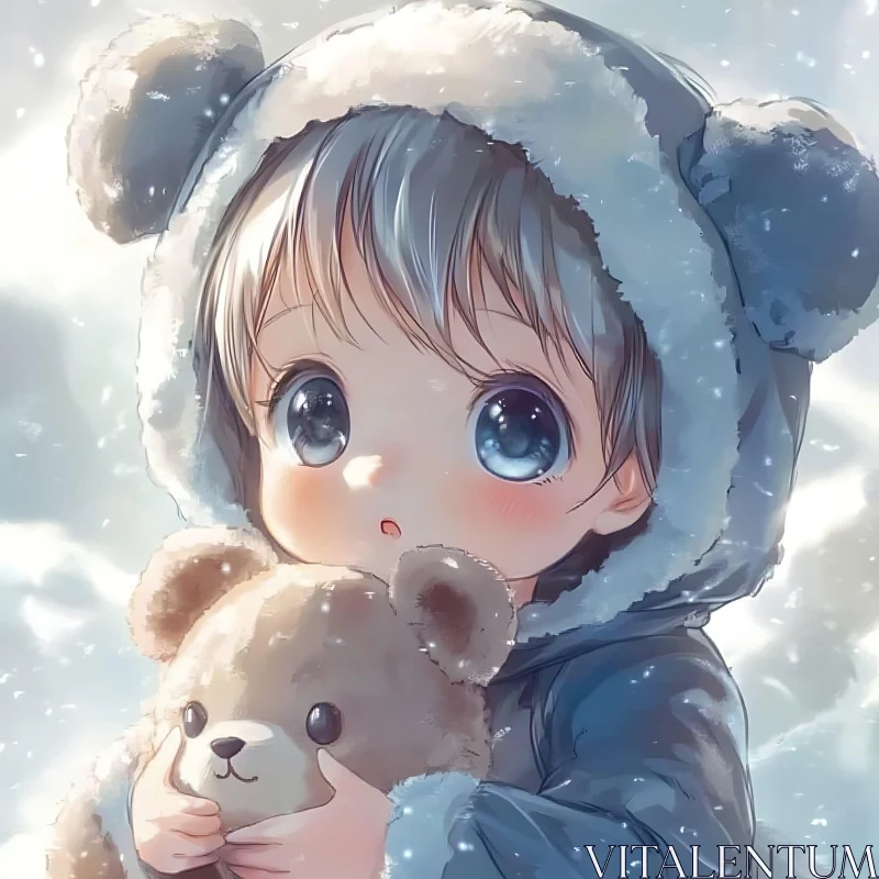 Charming Winter Anime Child Embracing Teddy AI Image