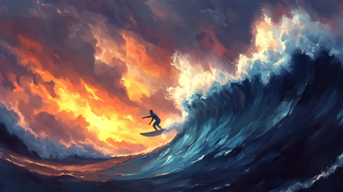 Surfer Riding Wave at Sunset