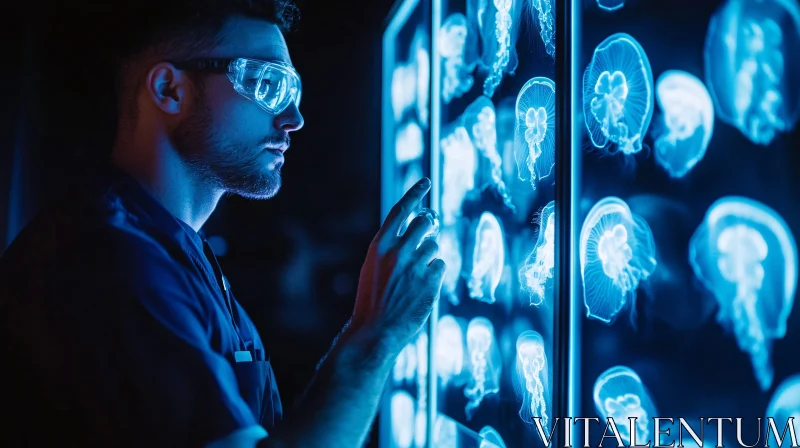 Man Interacting with Jellyfish Screen AI Image