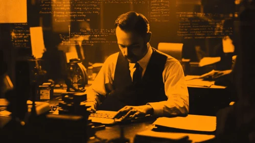 Man Typing in Vintage Office