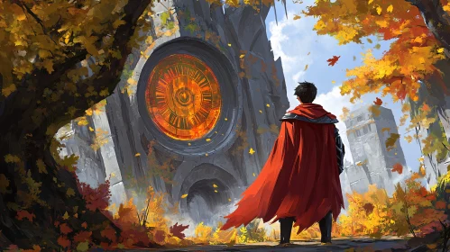 Autumnal Gateway: Cloaked Figure and Stone Portal