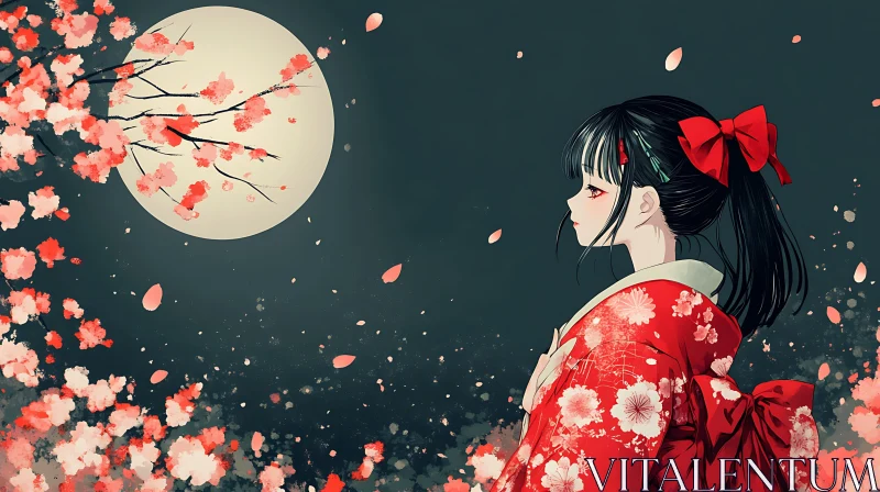 Contemplative Anime Girl with Blossoms and Full Moon AI Image