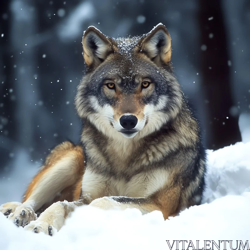 Snowy Wolf Resting in Winter Forest AI Image