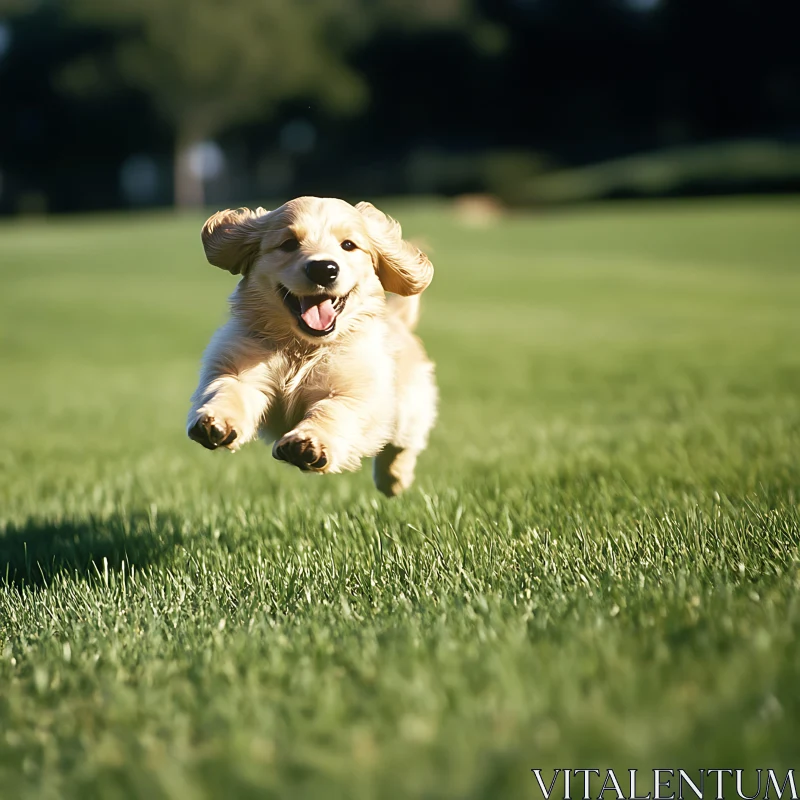 Happy Puppy Running on a Sunny Day AI Image