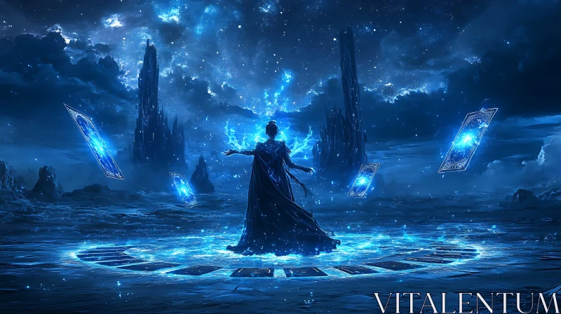 Mystical Sorceress in Blue Light AI Image