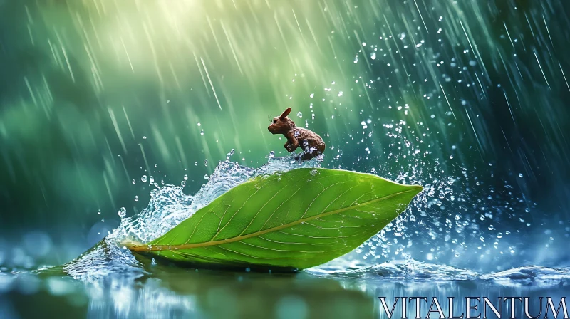 Miniature Squirrel on Leaf in Rain AI Image