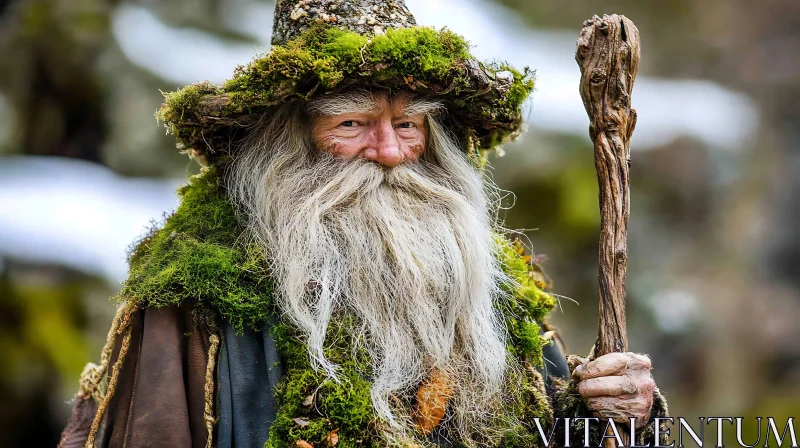 Enchanting Forest Wizard with Mossy Garb AI Image