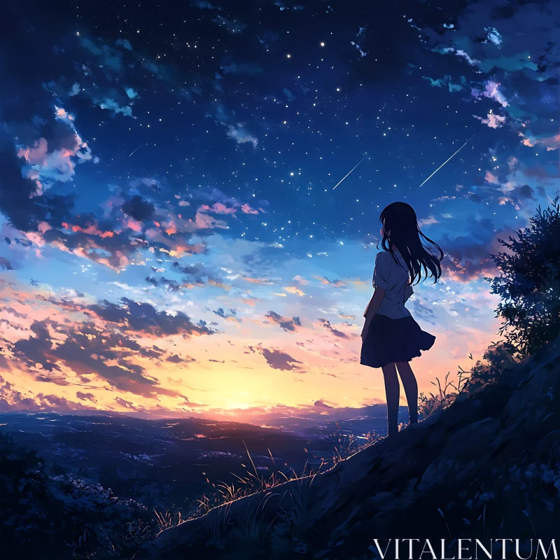 Anime Girl Staring at Stars During Sunset AI Image