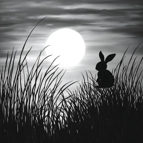 Monochrome Rabbit in Field at Night